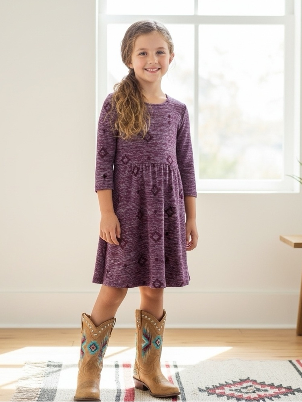 (A7) NWOT Wonder Nation Girls Purple‎ Knit Diamond Print Dress Size L 10-12 Boho